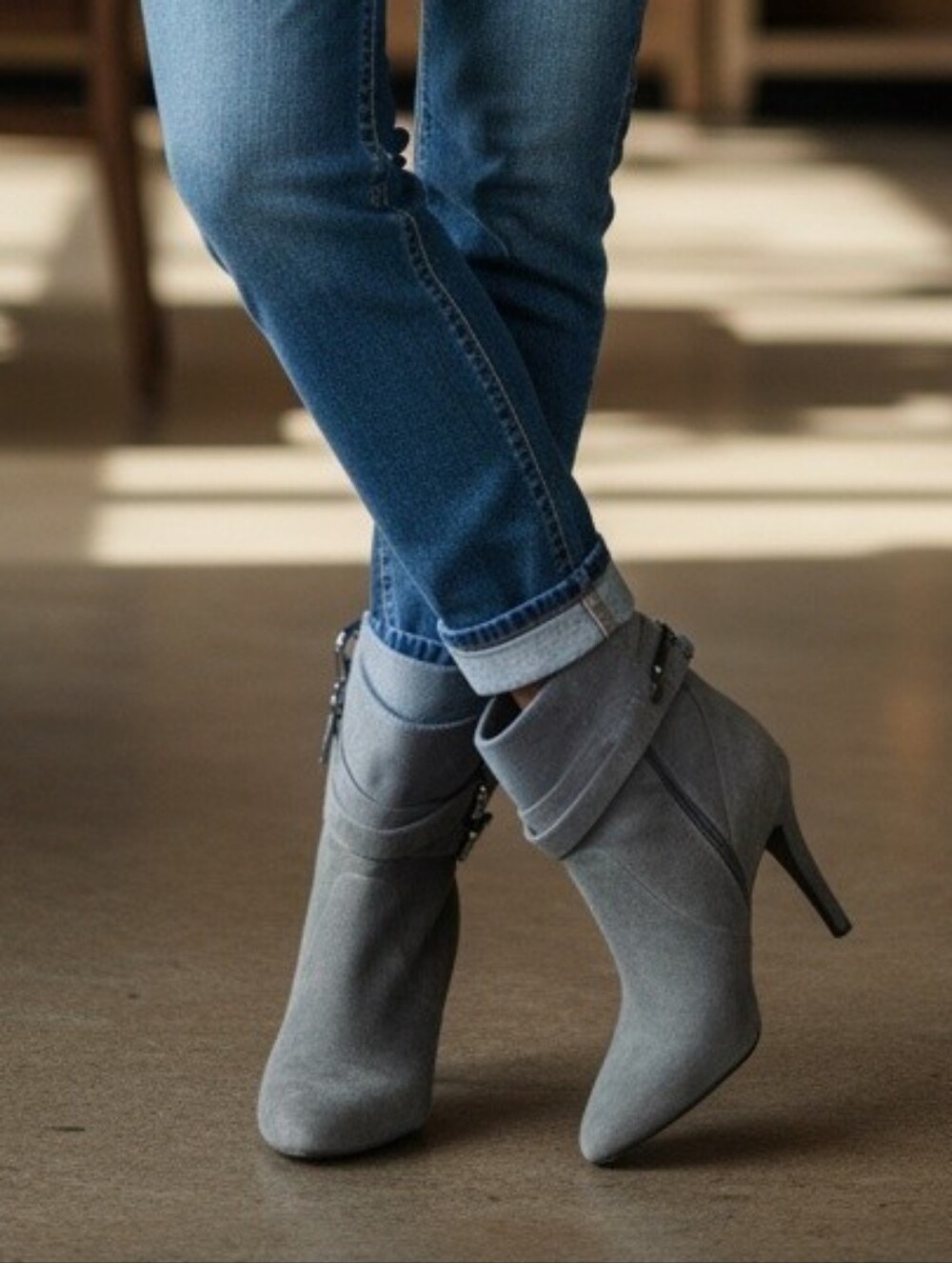 Calvin Klein Gray Suede Ankle Boots with Buckle Accent